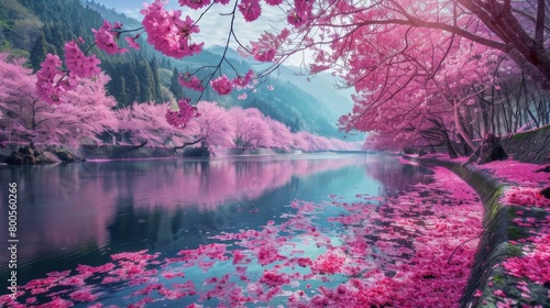 A panoramic view of a sakura-lined riverbank  a breathtaking display of nature s beauty in full bloom.