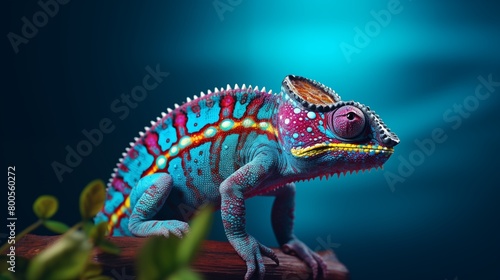 Colorful chameleon on a blue background.