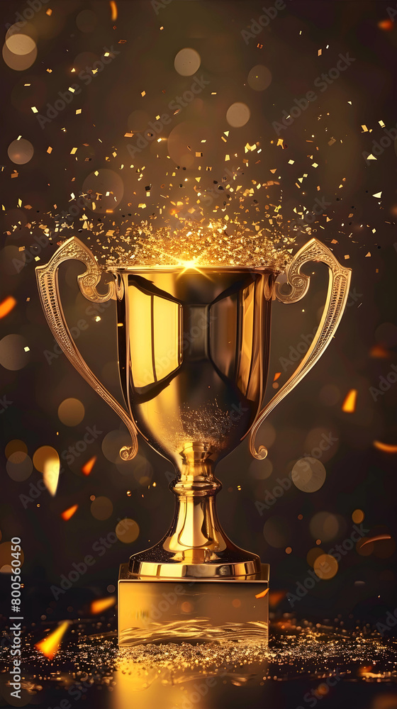 This picture is of a gold trophy. There were bright lights and pieces of gold scattered around the trophy, like a celebration of victory. The surface of the trophy has a glossy gold look with artistic This picture is of a gold trophy. There were bright lights and pieces of gold scattered around the trophy, like a celebration of victory. The surface of the trophy has a glossy gold look with artistic