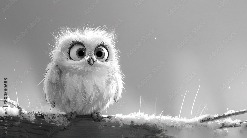 A monochromatic picture of an owl perched on a tree branch against a snow-covered background A monochromatic picture of an owl perched on a tree branch against a snow-covered background