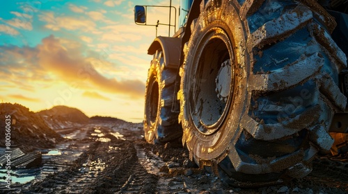 A powerful image of large rubber wheels on a soil grading tractor at a road construction site, showcasing heavy-duty machinery in action.