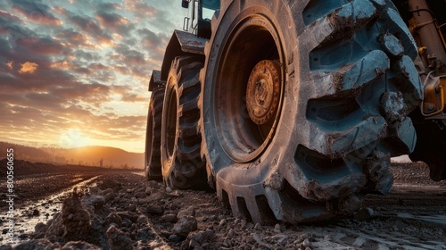 A powerful image of large rubber wheels on a soil grading tractor at a road construction site, showcasing heavy-duty machinery in action.