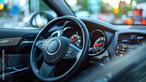 A detailed close-up of a car's dashboard, displaying various indicators and controls essential for driving.