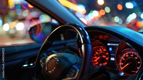 A detailed close-up of a car's dashboard, displaying various indicators and controls essential for driving.   © Chingiz