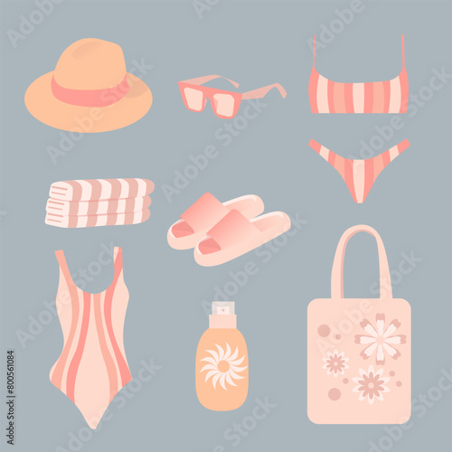 Beach set in peach tones. Isolated elements swimsuit, towels, sunglasses, flip flops, hat, cream.