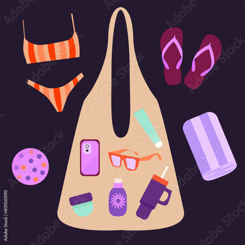 Isolated beach elements, beach bag, sunglasses, swimsuit, cream, mobile phone, ball, towel, thermal mug.