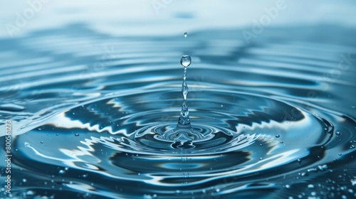 A pristine top view close-up of a clear water surface  dotted with fresh water droplets  showcasing purity and clarity.  