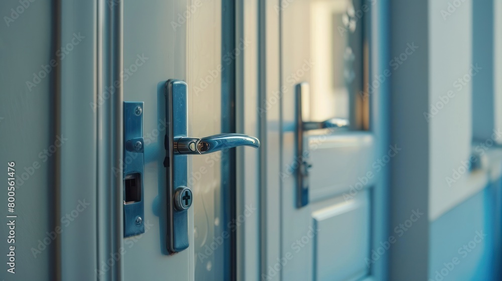A close-up view of an apartment interior showing a subtly ajar white door A close-up view of an apartment interior showing a subtly ajar white door