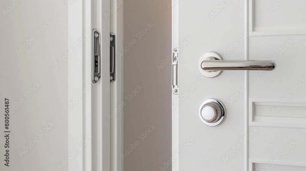 A close-up view of an apartment interior showing a subtly ajar white door A close-up view of an apartment interior showing a subtly ajar white door