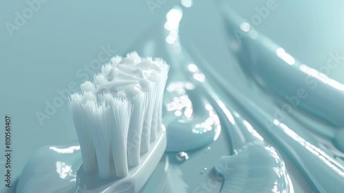 A detailed close-up of a toothbrush topped with white toothpaste, emphasizing dental hygiene and care.