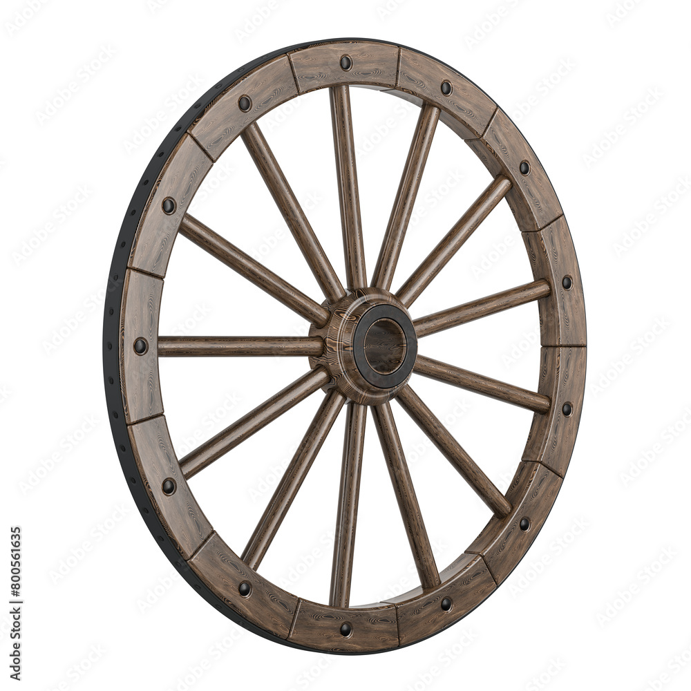Retro spoked wooden wheel, 3D rendering isolated on transparent background