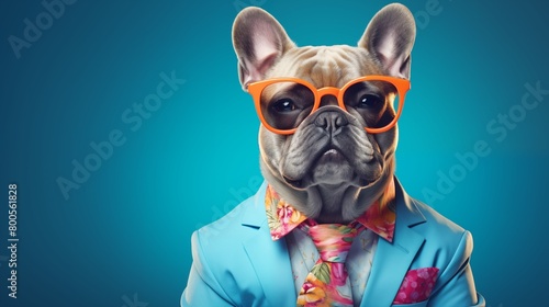 Cool looking French bulldog dog wearing funky fashion dress - jacket, tie, glasses. Wide banner with space for text right side. © hamad