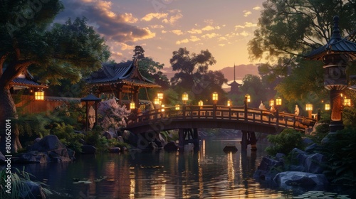 A peaceful riverside scene with a wooden bridge softly lit by lanterns  leading to a tranquil park where families gather for evening strolls and picnics.