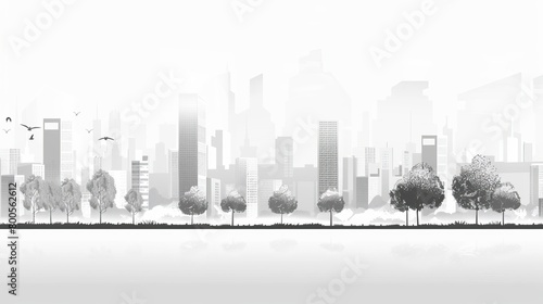 A composed view of a light gray cityscape  featuring sleek city buildings with interspersed green trees
