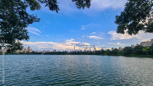 Modern cityscape of New York framed with trees with striking skyscrapers and greenery against a vibrant sky, seen from Jacqueline Kennedy Oasis Reservoir. Lush trees entering the frame. City remedy photo