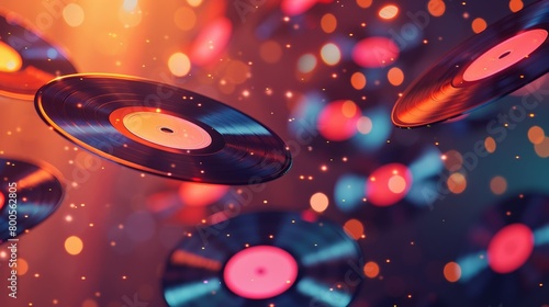 neon vinyl records flying in the air, bokeh lights background  