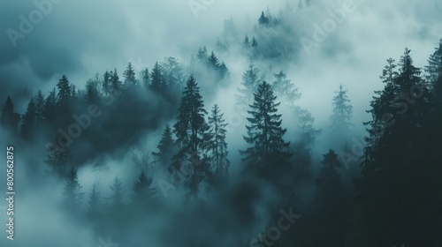 A mystic view of a forest shrouded in heavy fog  creating a dark and mysterious atmosphere