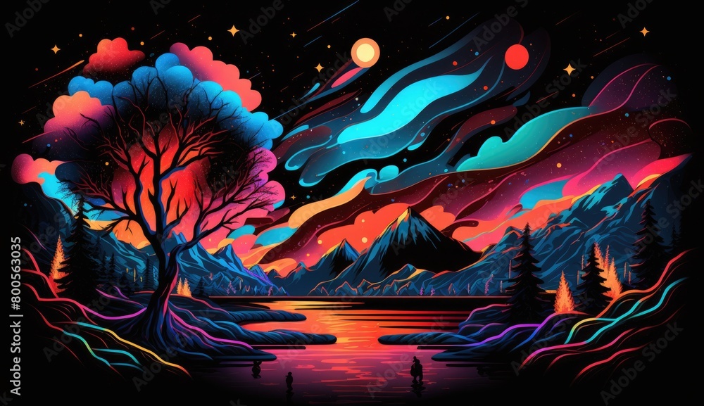 Fototapeta premium a creative abstract landscape with glowing trees, mountains, and rivers, set against a dark, starry sky, neon-inspired design of a colorful