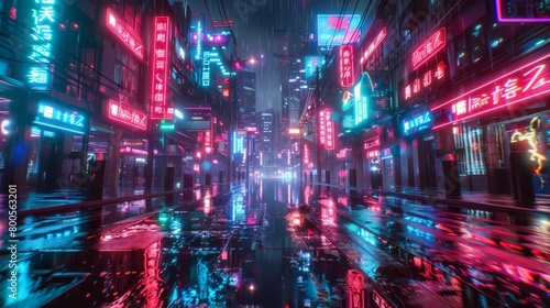 An ultra-realistic 3D rendering of a vibrant futuristic city  depicted in a cyberpunk style with neon lights