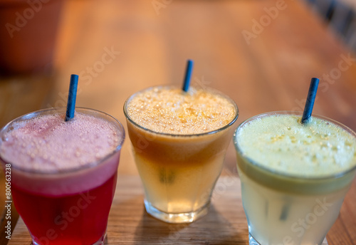A set of cool fresh squeezed juices.
