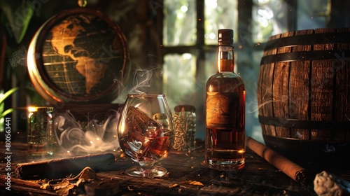 a glass of rum a table with a cigar, world rum day  