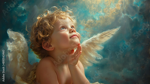 Childlike angel gazes upward with innocence and wonder, radiating serenity and purity, capturing the essence of celestial grace in a heavenly moment