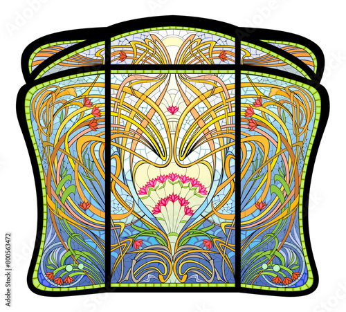 Art Nouveau stained glass window with fantasy floral motives. Template for design, wallpaper, background, decoration. Architecture in Western Europe. Vector drawing. Art deco architecture style.