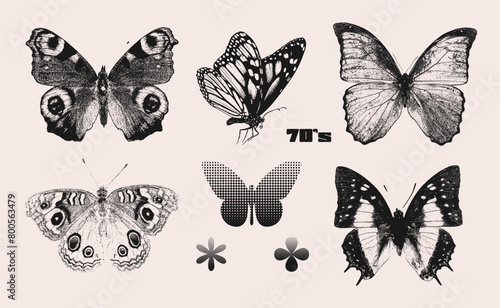 Butterflies halftone collage elements set with grunge photocopy texture. Trendy vintage retro monochrome summer vector illustration.