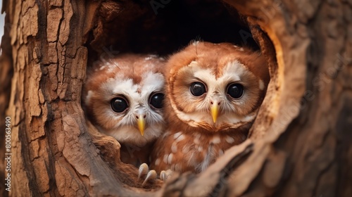 Cute funny spotted owlets in the tree cavity. photo