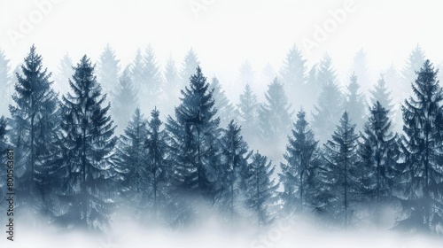 A seamless pattern featuring a foggy spruce forest with fir trees isolated on a white background.   © Chingiz