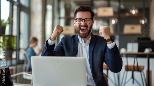 cheerful reputable businessman with laptop and gesturing yes, shaking fists celebrating great luck online sitting in modern office inside, surrounded by coworkers. generative AI