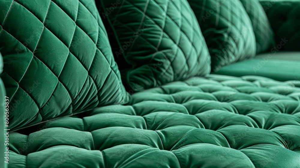 Fototapeta premium A soft, vintage sofa upholstered in green velor, featuring a quilted seat and back with elegantly stitched cushions.