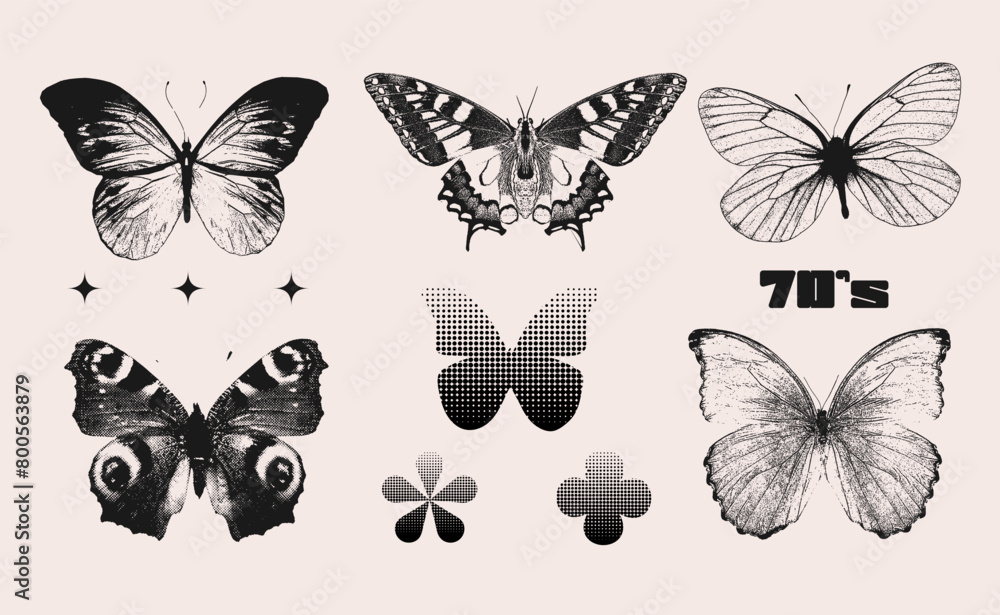 Photocopy butterfly halftone collage elements set with grunge punk dotted texture. Trendy modern retro vector illustration isolated on transparent background. Retro aesthetics Photocopy butterfly halftone collage elements set with grunge punk dotted texture. Trendy modern retro vector illustration isolated on transparent background. Retro aesthetics