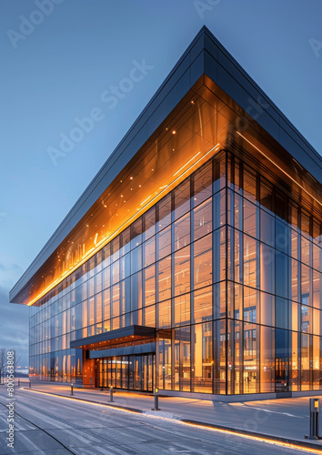 Exterior of futuristic ultra-modern office business center. Contemporary architecture, characterized by sleek lines, geometric shapes, innovation, and metallic surfaces. Architectural design concept.