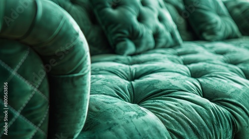 A soft, vintage sofa upholstered in green velor, featuring a quilted seat and back with elegantly stitched cushions.