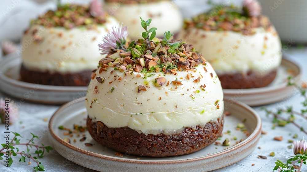 Three desserts with white frosting and sprinkles on plates sit on a table surrounded by bright flowers Three desserts with white frosting and sprinkles on plates sit on a table surrounded by bright flowers