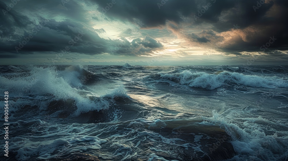 Fototapeta premium A dramatic scene capturing a stormy seascape, with dark clouds and turbulent waves.