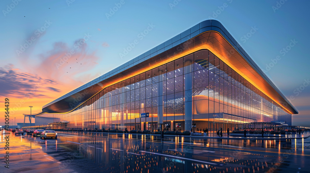 Obraz premium Exterior of futuristic ultra-modern office business center. Contemporary architecture, characterized by sleek lines, geometric shapes, innovation, and metallic surfaces. Architectural design concept.