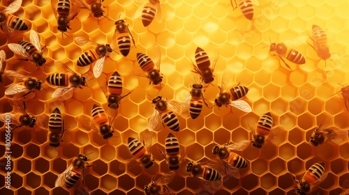 Cute swarm of bees working at bee honeycomb; background with empty space for text. photo