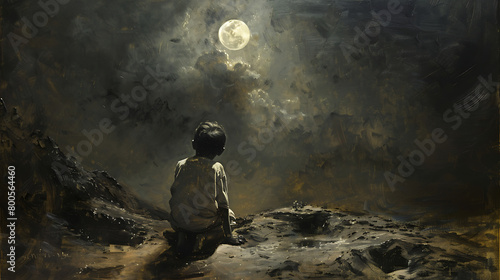 A boy kneels on a rocky outcrop, gazing up at the full moon in the night sky, contemplating the mysteries of the universe photo