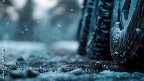 A detailed close-up of winter tires in Finland, focusing on the tread patterns designed for icy conditions.

