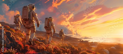 Astronaut Team Exploring Uncharted Terrain on Alien Exoplanet. Generative ai