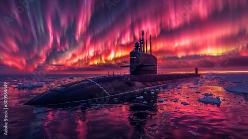 A nuclear submarine surfaces in the Arctic Ocean with the northern lights in the background. Generative ai