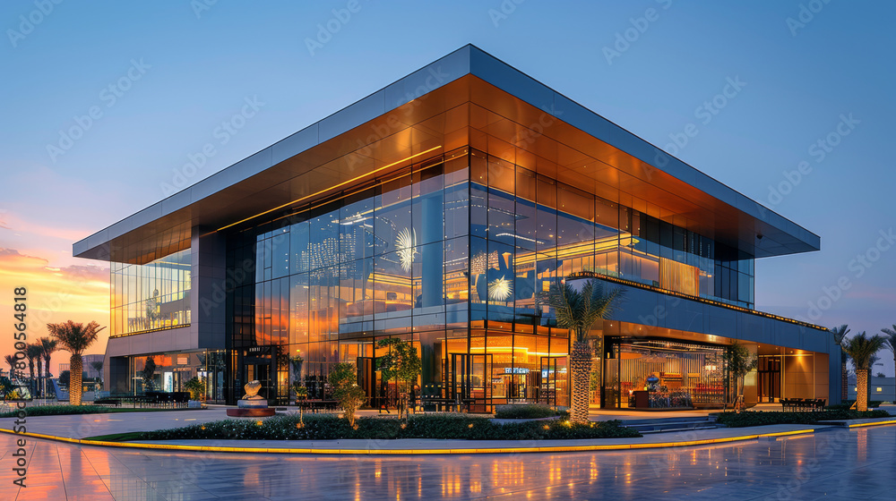 Exterior of futuristic ultra-modern office business center. Contemporary architecture, characterized by sleek lines, geometric shapes, innovation, and metallic surfaces. Architectural design concept.