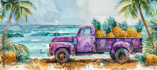 Watercolor illustration of yellow truck with pineapplle, travel concept photo