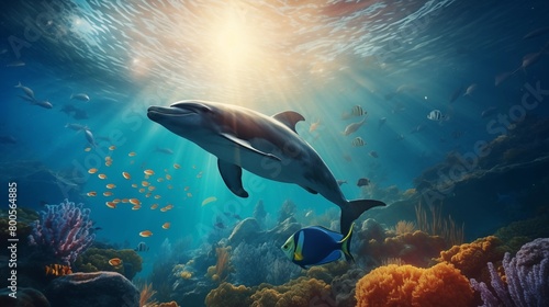 dolphins gliding gracefully underwater with sunlight filtering through the surface of the ocean.
