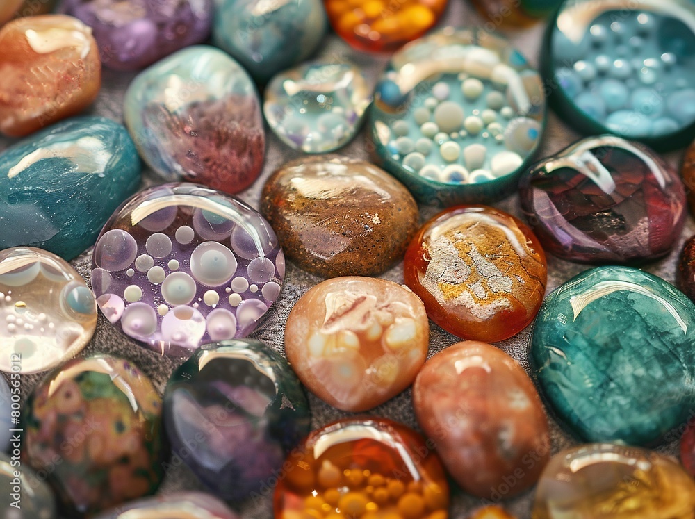 A macro shot of assorted stones with varying hues and shapes in the foreground A macro shot of assorted stones with varying hues and shapes in the foreground