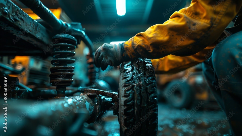 A mechanic inspecting the suspension and steering components of a