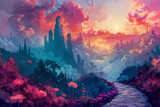 illustrate a surreal landscape where reality blends with imagination, painted