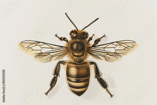 fly on white background, Immerse yourself in the beauty of nature with this vintage-inspired vector engraving illustration featuring a honey bee on a clean white background